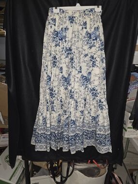 Zara Cream Maxi Skirt with Blue Floral Border
